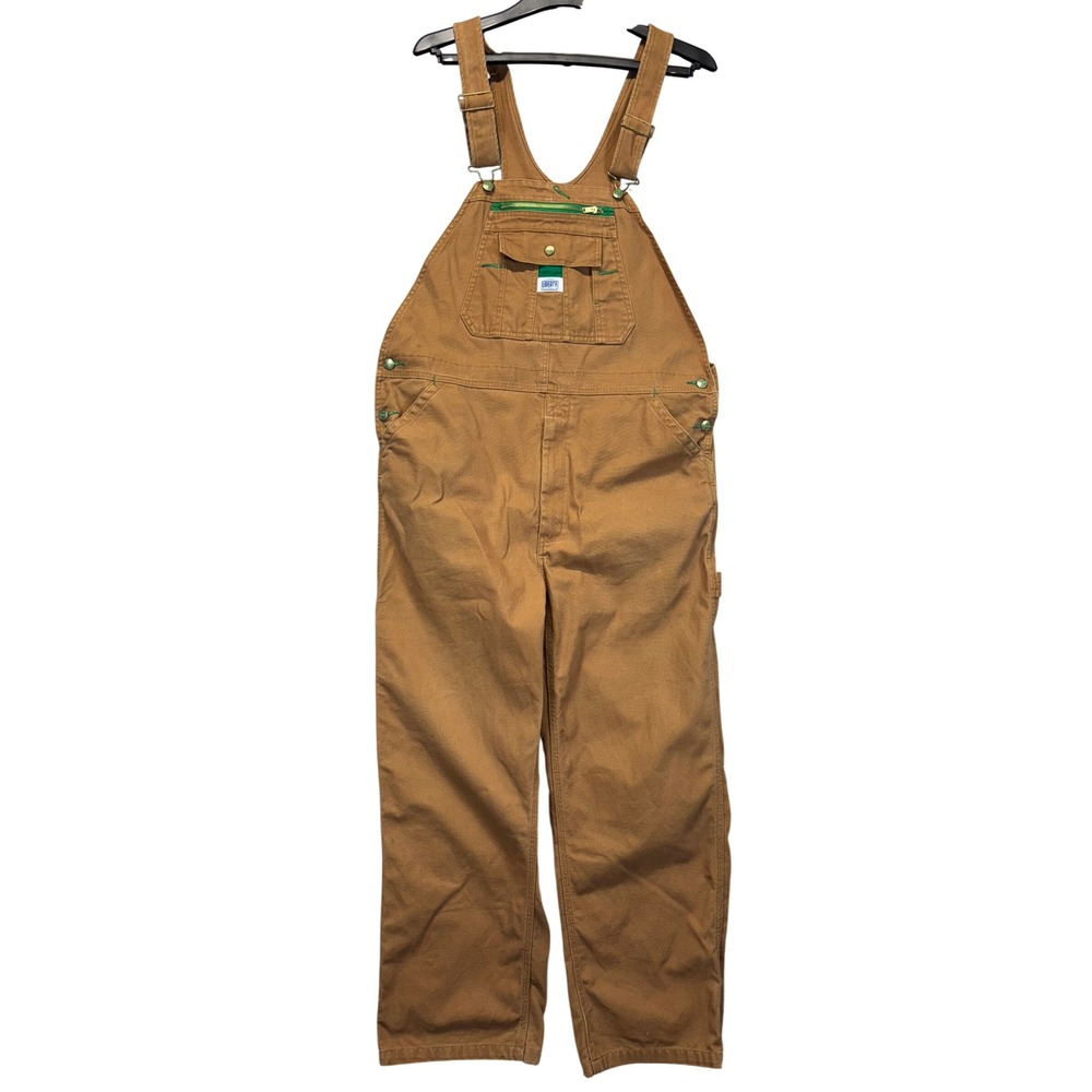 Liberty Overalls Mens 38x30 Duck Brown Canvas Workwear Bibs Green Zipper Utility